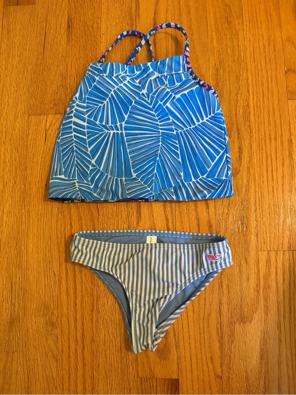 Vineyard Vines Light Blue & White Striped Girls Reversible two piece swimsuit